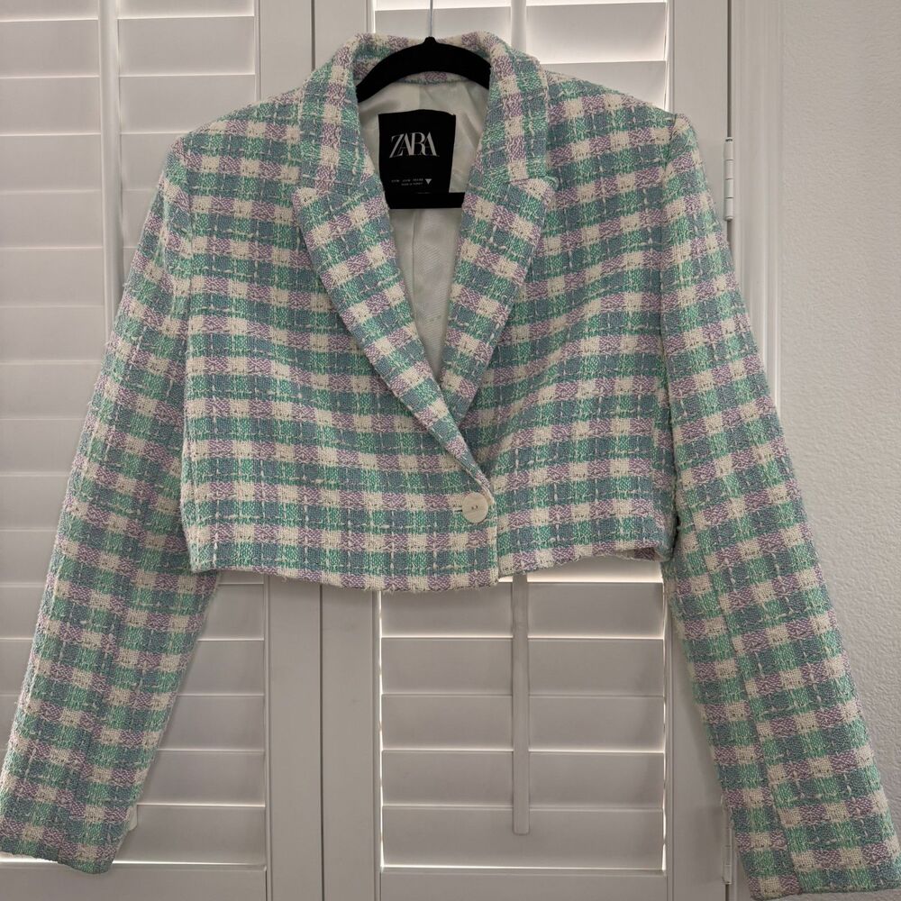 Zara Pastel Plaid Cropped Tweed Blazer Jacket Mint Purple Gold Button M